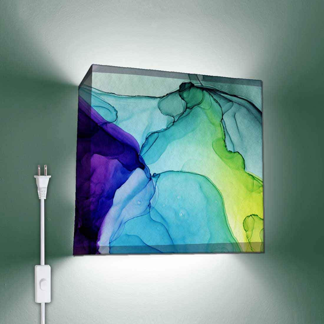 Nutcase Designer Square Wall Mounted Lamp Lights Half Shade Bedside Fabric Lampshade Sconces - with B22 Brass Holder - Green Purple Ink Watercolor