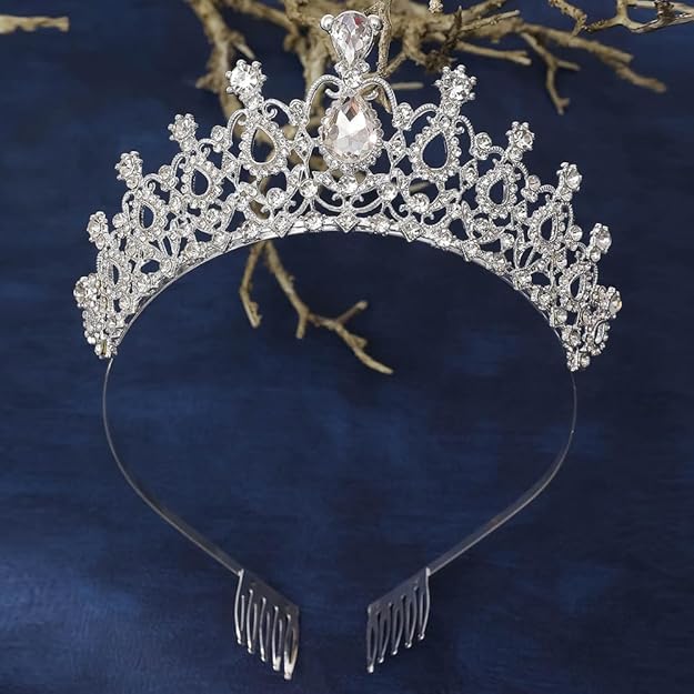 Image of Crystal Tiara Crown for Women, Silver Rhinestone Headband with Comb, Queen Princess Wedding Bridal Birthday Hair Accessory
