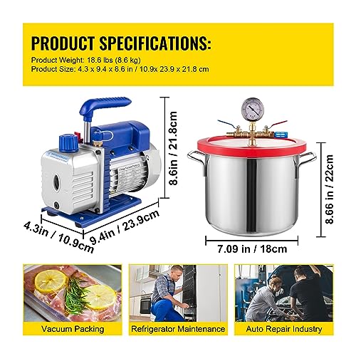 Bomba de vacío de una etapa, 25 CFM, cámara de vacío de 15 galones, kit para desgasificación y refrigeración para aire acondicionado doméstico y automotriz miniatura 2