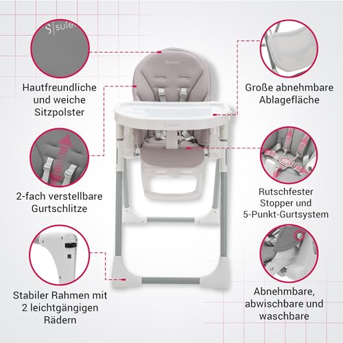 Suleno® Hochstuhl Baby mit Spielbogen, Ablage und Liegefunktion - für Junge Eltern, Vielseitiger Kinderhochstuhl, Ergonomischer Baby Hochstuhl für Komfort und Sicherheit (Hellgrau)