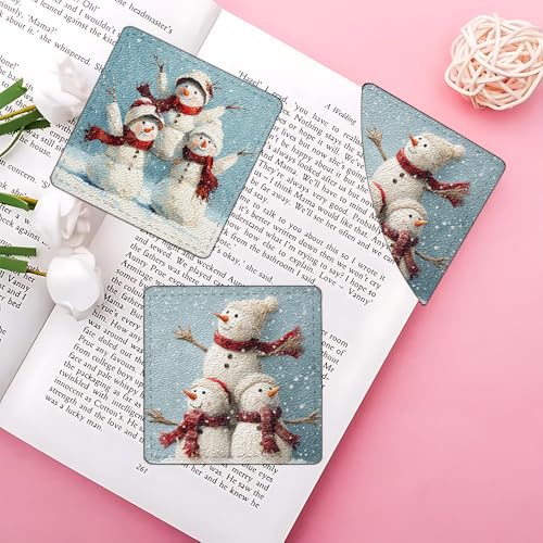 Image of 2Pcs Cute Snowman Family Corner Bookmarks, Handmade PU Leather Page Markers, Vintage Winter Art Stationery Gift for Kids, Teachers, Book Lovers, Aesthetic Reading Accessories 3.54 inch