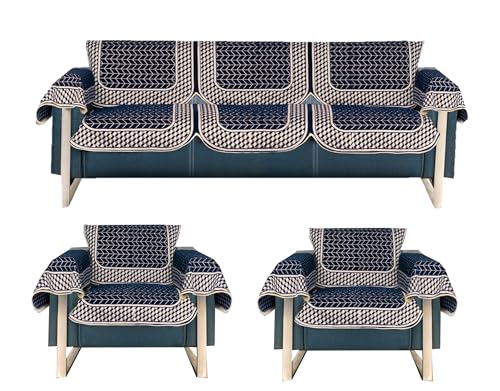 Image of Premium Chenille Woven Anti-Slip 5 Seater Sofa Cover with Armt Rest | L-Shape Sofa Seat Protector for Living Room | Durable & Stylish Slipcover - Navy Blue - 3D