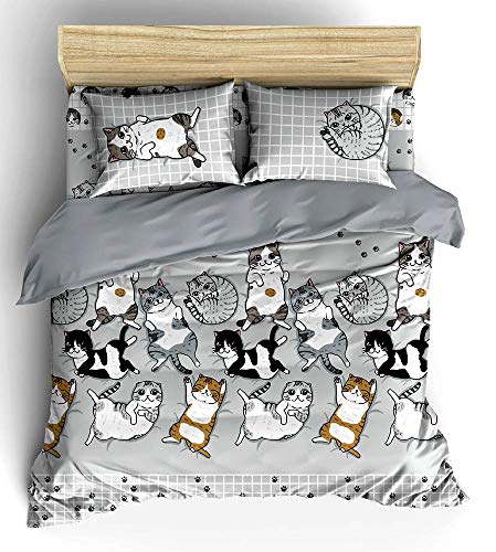 Tamegems Bedding Cute Cat Kitten Collection Bed Sheet Set, 1 Fitted Sheet, 2 Pillow Case, 2 Bolster Case (Not Included Comforter) Set B (Gray 078, Queen 60