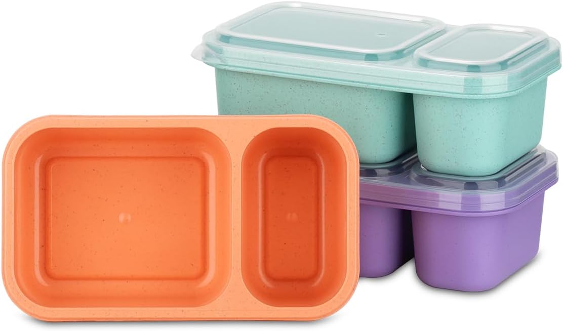 2-Compartment Reusable Snack Containers with Lids Reusable Snack Packs | Wheat Straw Food Storage Meal Prep On-the-Go Snacking