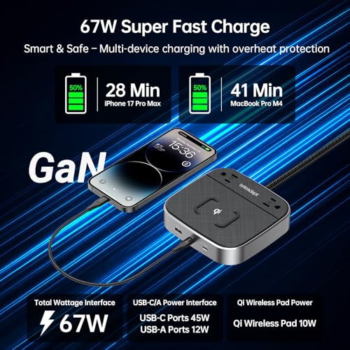 Teleadapt GaN Multi Charging Station 67W, 6 in 1 iPhone Charging Station with USB Ports, Wireless Charging, 2× AC Outlets, Desktop/Bedside/Nightstand Power Station, Hotel-Grade Design, Grey — view 3