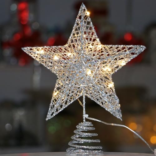 ENLACE Weihnachtsbaumspitze Stern Silber mit 20 LED Lichterkette,...