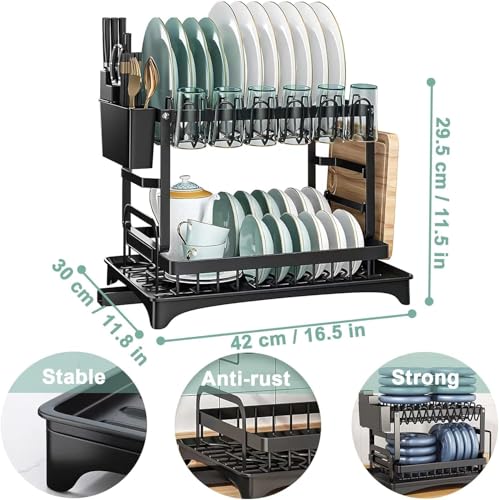 Image of 2 Tier Dish Drying Rack for Kitchen Counter with Drain Board, Swivel Drainage Spout & Cup Holder - Rust Resistant Metal Dish Drainer with Utensil Holder, Cutting Board Stand for Plates Bowls Cups