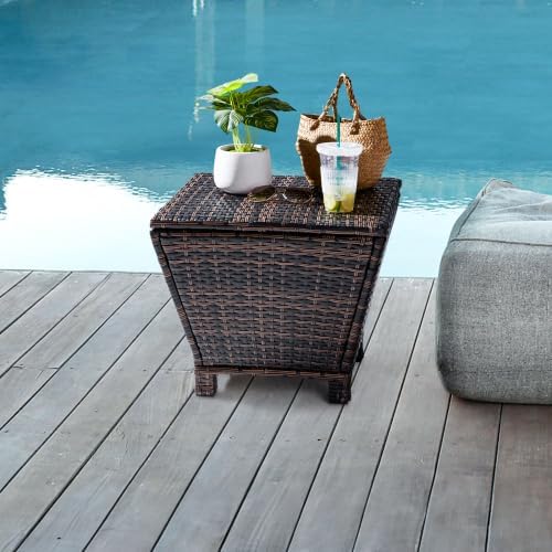 Outdoor Table with Storage, 13 Gallon Wicker Small Outdoor Storage Box Patio Side Tables for Outside Porch Poolside Deck Garden， Brown