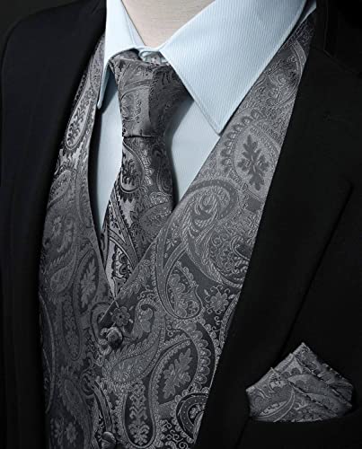 Image of HISDERN Vest and Tie Sets for Men Vests Paisley Floral Jacquard Necktie Pocket Square 3PCS Waistcoat for Suit or Tuxedo