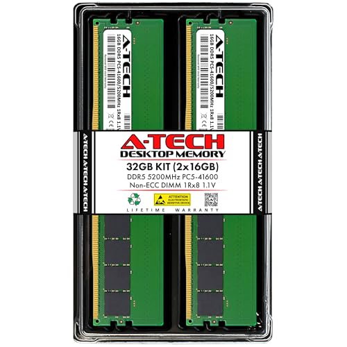 Image of A-Tech 32GB Kit (2x16GB) DDR5 5200MHz PC5-41600 CL42 UDIMM 1Rx8 Single Rank 1.1V Non-ECC Unbuffered DIMM 288-Pin Desktop PC /Computer RAM Memory Upgrade Modules