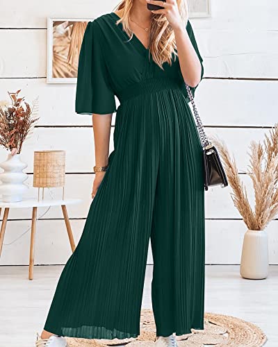 Btfbm Women Chiffon Wrap V Neck Summer Jumpsuit Spring Mesh Half Sleeve Elastic Waist Pleated Wide Leg Long Pants Romper(Solid Dark Green, Large) #TOP2
