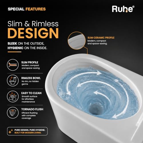 Image of Ruhe Fabia One-Piece Western Commode with Vortex Siphonic Flushing System | White Glossy Finish | S-Trap | Commode for Bathroom | UF Seat Cover, Rubber Gasket & Screws Included