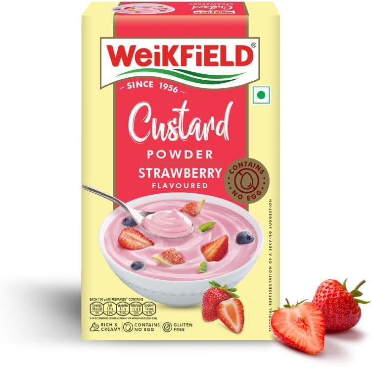 Weikfield Custard Powder | Strawberry Flavour | Makes Smooth & Creamy Custard | Contains Quality Ingredients | Best For Fruit Salads & Puddings | 100% Vegetarian | 75g Carton