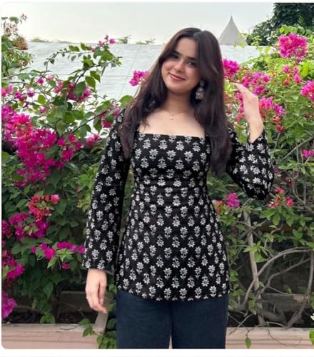 Image of Women's Rayon Printed Short Kurti | Straight Fit Casual Ethnic Top | Square Neck Full Sleeve Ladies Kurti Office College