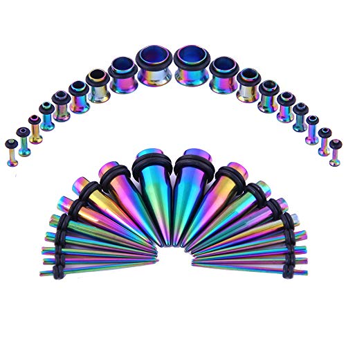 Bodystars Ear Gauges Stretching Kit - 36Pcs Stainless Steel Tapers and Plugs Set, Prefect for Heavy Metal,Punk Rock,Street or Daily Wear (Rainbow)
