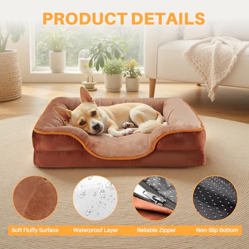 Image of NEWBULIG 35x25 Inch Orthopedic Dog Bed, Extra Large Sized Dog Couch Bed with Washable Cover, Foam Sofa for Indoor Cats, Soft Fluffy Surface, Brown