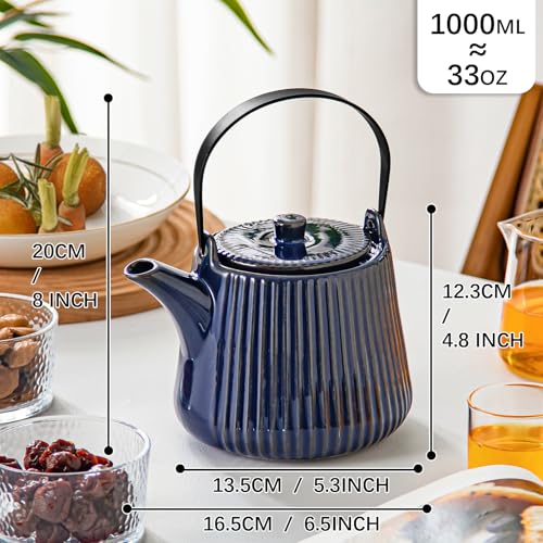 Image of Yundu Ceramic Teapots for Tea, 1000ml /33.8oz Tea Pot with Infusers for Loose Tea, Striped Tea Pot with Removable Tea Infuser - Reactive Blue