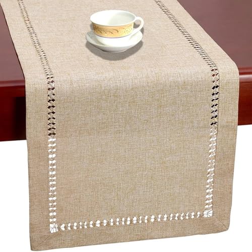 Elegante y lujoso camino de mesa de comedor o de tocador gris con dobladillo hecs con dobladillo hecho a mano, rectangular, 32 x 183 cm, para caminos de mesa de cocina familiar (color beige)
