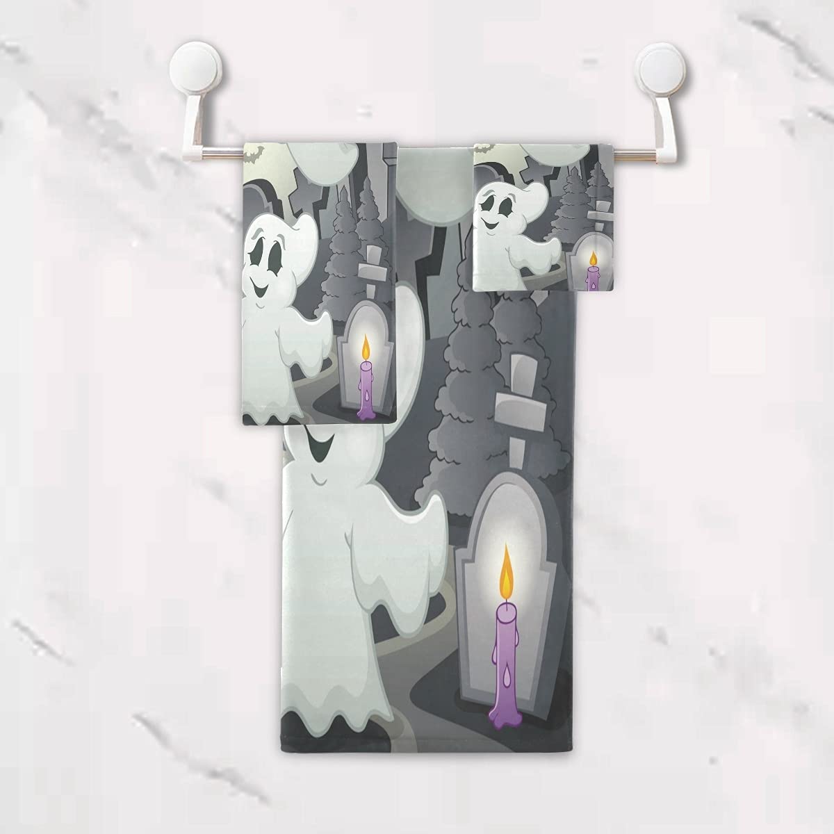 Set 2 Asciugamani Halloween In Cotone Ricamati A Mano - Fantasmi Bianco E Nero, 66x45.5 Cm, Per Bagno E Cucina