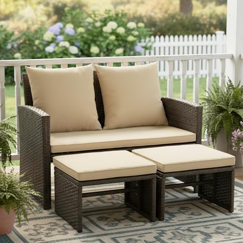 Tangkula Outdoor Loveseat with 2 Ottomans, 3 Pieces Patio PE Wicker Furniture Set with Cushions,...