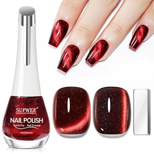 SUPWEE Cat Eye Esmalte de uñas de secado rápido, 16 ml, color rojo, esmalte de uñas magnético con imán holográfico de ojo de gato, sin lámpara UV, efecto ojo de gato, manicura casera, arte de uñas DIY