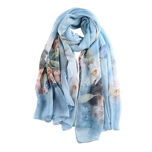 STORY OF SHANGHAI Bufanda de Seda Mujer 100% Seda Estampado Floral Colorido Gran Bufanda Mantón Ultraligero Transpirable Elegante,Flor Azul,175 * 100 cm