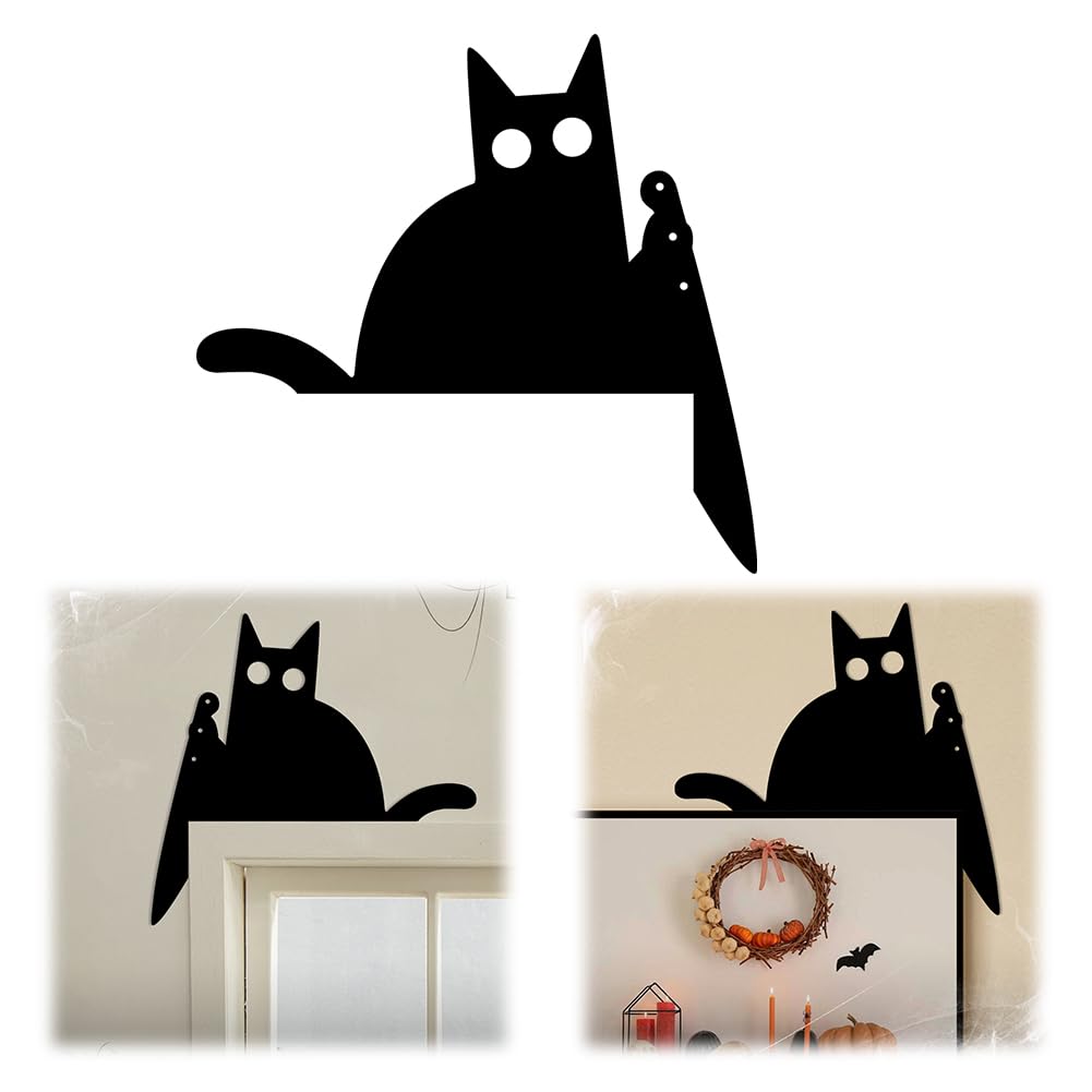 Halloween Cat Door Topper Metal Halloween Black Cat Decor Metal Adorable Cat Door Topper Corner Sign Halloween Decoration for Cat Lovers