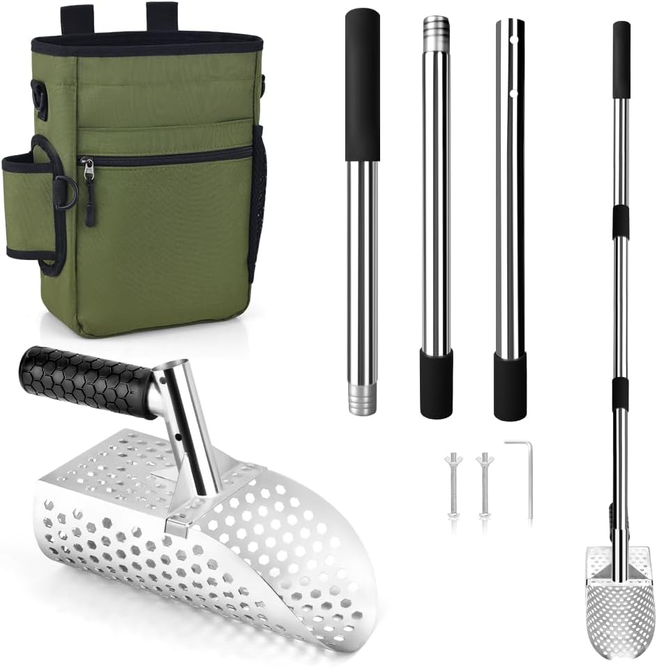 Metal Detector Scoop & Multifunctional Metal Detecting Waist Pouch,Long Handle Sand Scoop for Metal Detecting,Stainless Steel Sand Sifter Shovel for Beach, Underwater Treasure Hunting