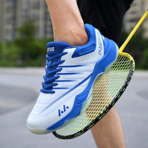 Men's Trainers Tennis Shoes Netball Trainers Squash Shoes Men Sport and Outdoor Gym Badminton Breathable Non-Slip Sneakers Women's Squash Sneakers Light Competition Training (White/Blue,8) - Image 2