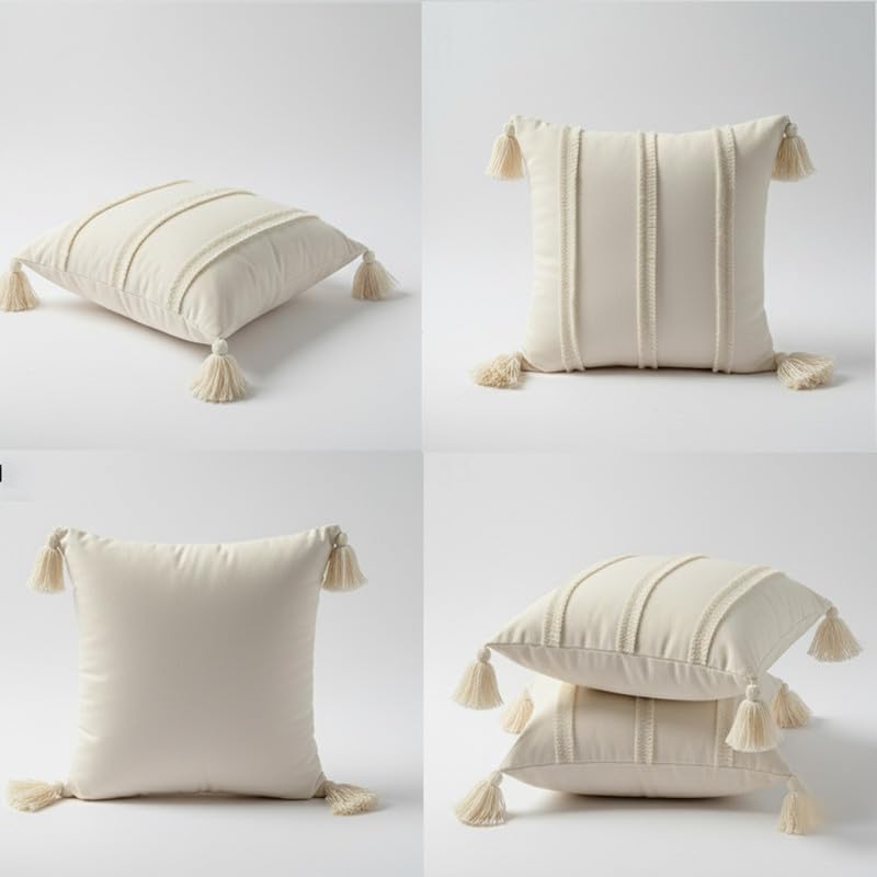 Image of Bird Wing Decorative Couch Cushion Pillow Covers for Home, Cream White, Cotton, Boho Style Tassel Design, Set of 2, Beige Color Size: 12x12 Inches