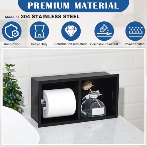 Moxweyeni Recessed Dual Roll Toilet Paper Holder 304 Stainless Steel Hidden in-wall with Storage Durable Tissue Roll Holder Heavy Duty Space Saving Design for Modern Bathrooms and Remodel(Black) by Moxweyeni - Used condition - Image 2