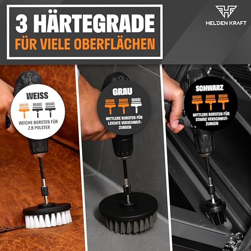 HELDENKRAFT® Bürstenaufsatz Akkuschrauber [11 Teile] - Bürsten-Aufsätze für Jede gängige Bohrmaschine - Aufsatz-Set zur Reinigung von Fliesen, Felgen, Terrasse & Co.
