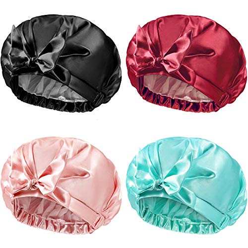 4 Pieces Shower Caps Double Layer Waterproof Bowknot Bathing Caps Reusable Silky Satin Shower Cap for Women Girls (Adult, Pink, Green, Red, Black)