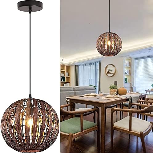Wicker Pendant Light Beige Rattan Light Fixture Woven Pendant Light Basket Lamp Shade Light Fixtures Ceiling Light Hanging for Patio Hallway Kitchen Island Bedroom Dining Room(Led Bulb Incl.)