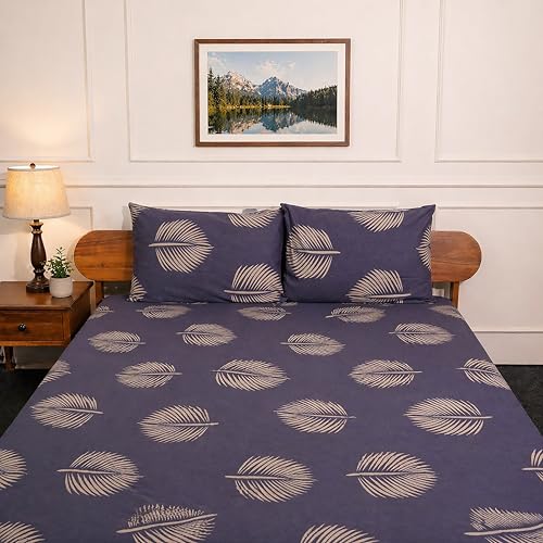 Image of Amazon Brand - Umi Cotton Fitted Bedsheet, Queen Size 78x60 Inches, Elastic Fit Bed Sheet, 10 Inch Deep Pocket, Soft Breathable Bedding, Durable Easy Care, with Pillow Cover-Mist Palm