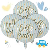 18' Hello Baby Foil Balloons for Welcome Baby Party Decorations, 4pcs Light Blue Cream Gold Mylar Balloons, baby Blue Beige Gold Balloon for Newborn Gender Neutral baby Shower Sip and See Party Decor