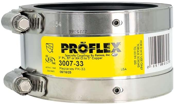 Fernco ProFlex P3007-33 3" Shielded Above Ground Pipe Coupling for Plastic, Steel or Extra-Heavy Cast Iron to Copper Plumbing Connections