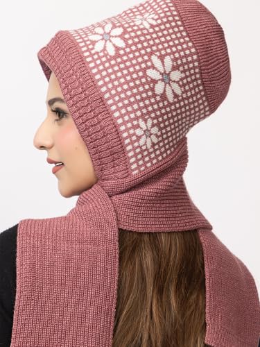 Image of AMOLDO Women's Winter Woolen Soft Warm Knitted Designer Muffler Beanie Cap with Fur | Fleece Printed Woolen Hat with Attached Scarf for Cold Weather
