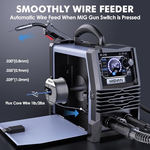 Image of 140A MIG Welder, MIGVAN 110V Flux Core MIG /Stick /Lift TIG 3 in 1 Welding Machine with Large LED Digital Display, IGBT Inverter Portable Gasless Welder with Welding Gun and Flux Core Wire
