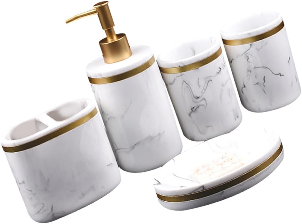 5 Pcs Resin Bathroom Accessory Set with Hand Bottles and Soap Dish Elegant Marble Texture Vanity Organizer for Stylish Bathroom Storage and Daily Washing Needs