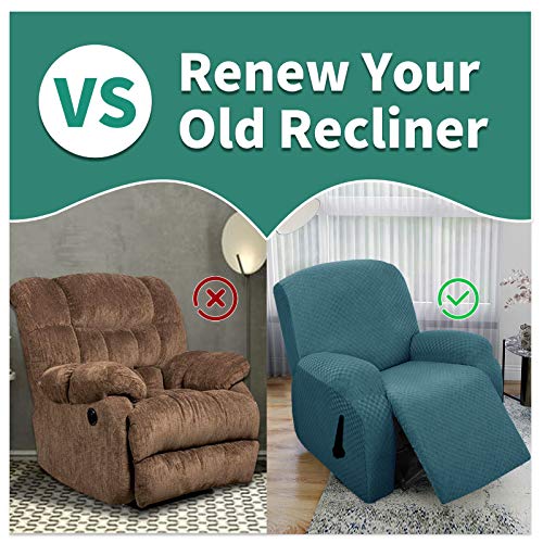 Image of YEMYHOM 4 Pieces Stretch Recliner Slipcover Jacquard Recliner Chair Cover with Side Pocket Anti-Slip Fitted Recliner Cover Couch Furniture Protector with Elastic Bottom (Recliner, Peacock Blue)