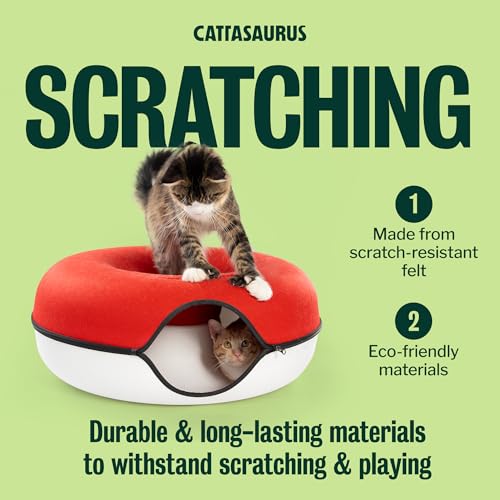 Image of Cattasaurus Peekaboo Cat Cave, Extra Spacious for Multiple & Large Cats 12+ lbs, Scratch Detachable Cat Beds for Indoor Cats, Washable Tunnel Bed, Comfy Donut Tunnel (Ruby Snowball, Jumbo)