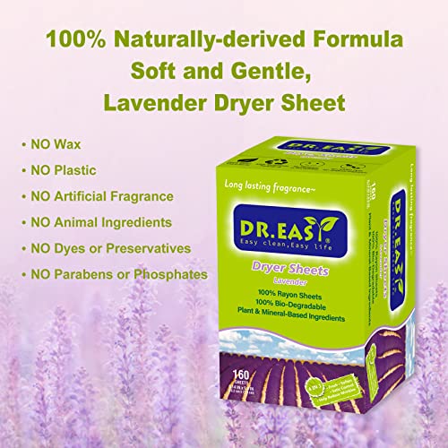 Dr.easy Dryer Sheets Lavender Plant Based All Ingredients For Sensitive Skin 160 Ct 100% Rayon Fabric Softener Sheet For Laundry No Dyes Reduce Static & Wrinkles Soften Clothes Help Repel Pet Hair #TOP1
