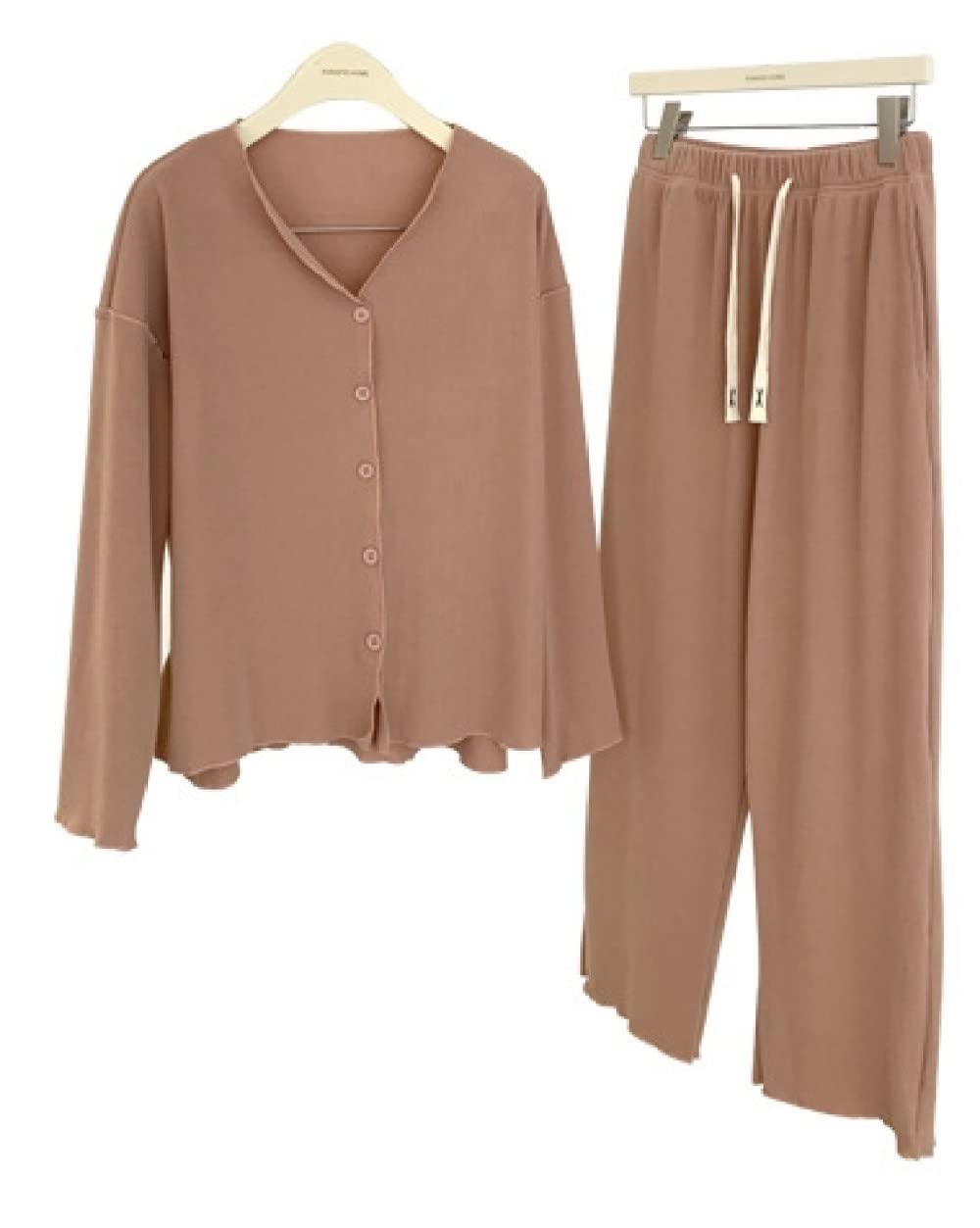 Pijamas Para Mujer Conjunto De Pijama De Poliéster Con Cuello En V Marrón Para Mujer Pijama De Manga Larga Simple Regular Suelto Para Mujer Conjunto De Dos Piezas Regalo De Festival Adecuado Para