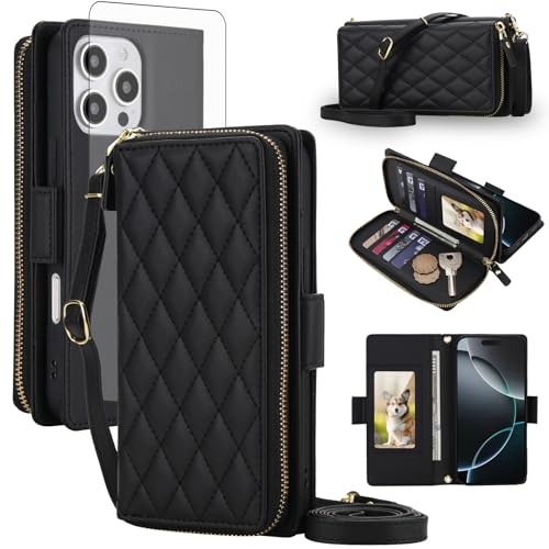 Compatible with iPhone 16 Pro Max 6.9 inch Wallet Case Zipper RFID Blocking and Screen Protector Crossbody Lanyard Strap Flip i Phone16 16Pro i16 ProMax 16ProMax Phone Cover for Women Men Black