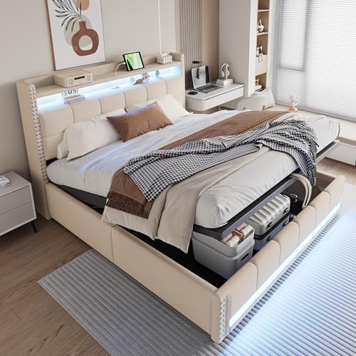 LAKFEW Camas Matrimoniales Tapizada 180x200 cm con USB y LED, Cama Matrimonio con Estante de Cabecera y Espacio de Almacenamiento Hidráulico, Cama Doble con Somier Metálico, Lino, Beige, Sin Colchon