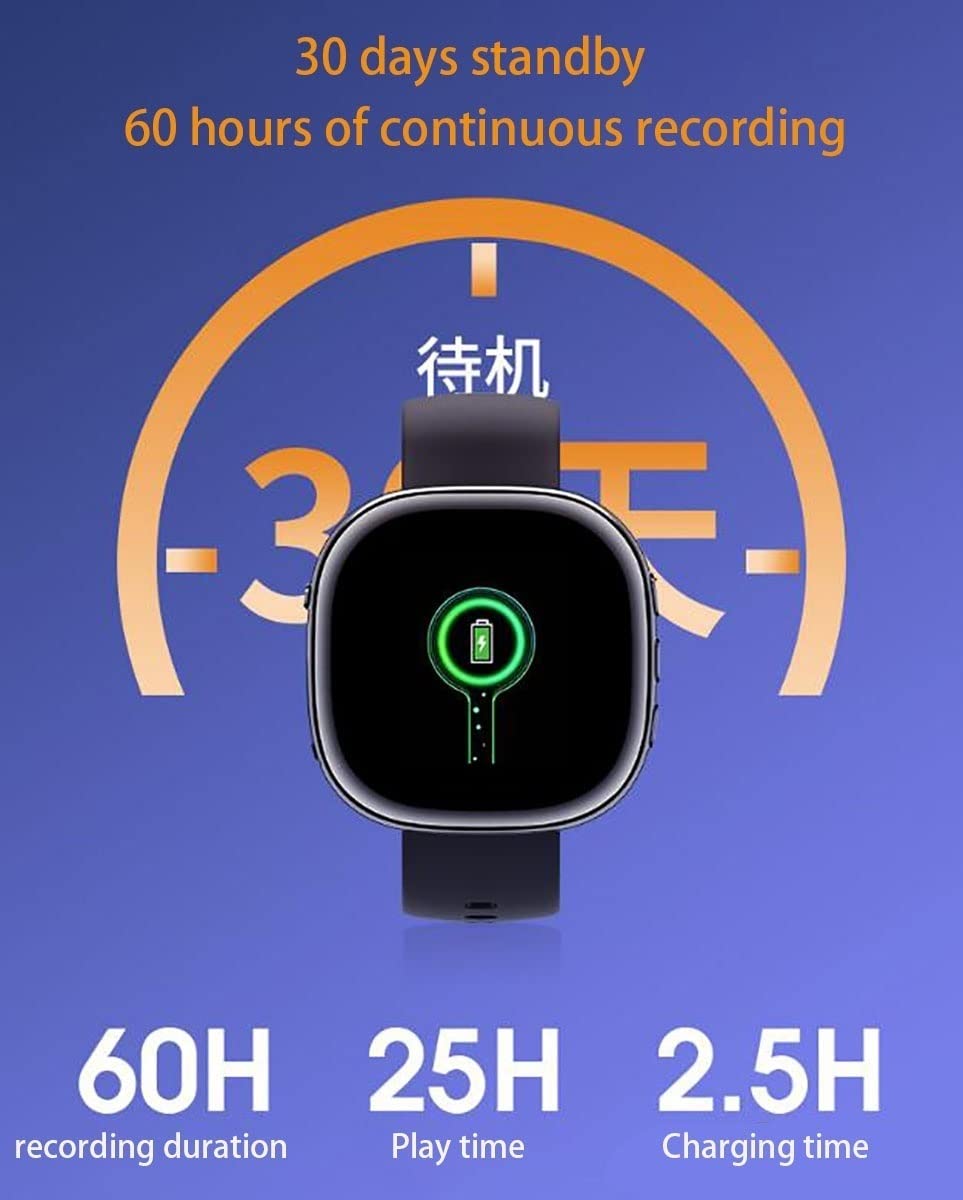 Zegarek dyktafon, przenośny dyktafon Bluetooth 32 GB, z funkcją odtwarzania i MP3, dyktafon z redukcją szumów, wbudowany głośnik do odtwarzania na spotkanie/zajęcia/wywiad/odtwarzacz MP3 (rozmiar