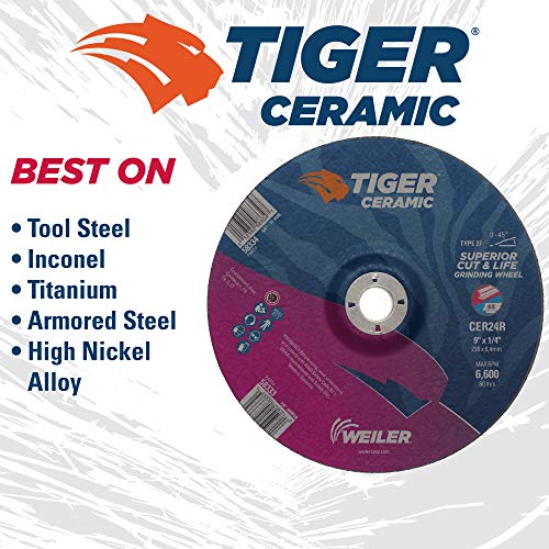 Image of Weiler 58333 9 x 1 /4 Tiger Ceramic Type 27 Grinding Wheel CER24R 7 /8 A.H (Pack of 10)