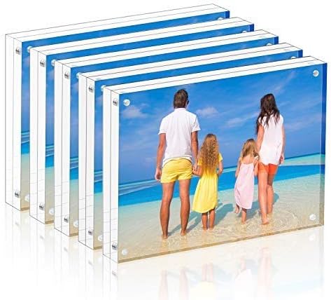Meetu Acrylic Picture Frame 4x6,Clear Freestanding Double Sided 20mm Thickness Frameless Magnetic Photo Frames Desktop Display with Gift Box Package(5 Pack)