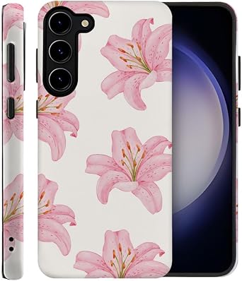 Case for Samsung Galaxy S23 Plus,Lily Floral Pink Phone Case Drop Resistant Frosted 2 in 1 Solid Dual-Layer Cover for Girl Women